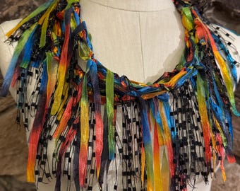 Colorful Ribbon Fringe Scarf, Handcrafted Multicolor Scarf Necklace, Artist Gift, Boho Novelty Yarn Necklace