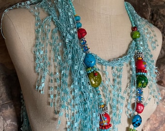 Lightweight turquoise ribbon necklace scarf for women, Statement accessories, Art to wear