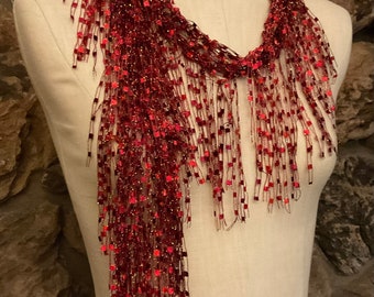 Red scarf for women, Textile necklace, Red and gold scarf, Scarf gift, Red accessories, Party scarf, Lightweight scarf, Gifts under 30,