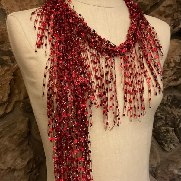 Red scarf for women, Textile necklace, Red and gold scarf, Scarf gift, Red accessories, Party scarf, Lightweight scarf, Gifts under 30,