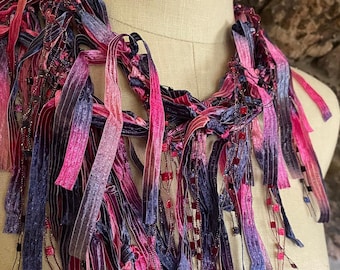Pink And Blue Scarf For Women Fabric Scarf Necklace Lightweight Summer Scarf Timeless Birthday Gift For Her Fringe Ribbon Dress Accessory