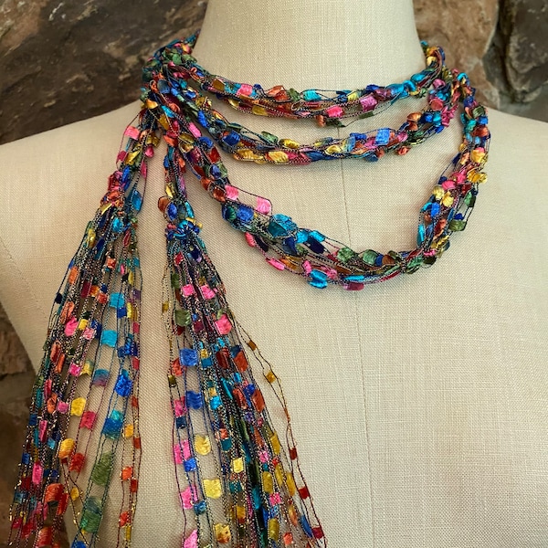 Rainbow scarf, Fabric jewelry, Light scarf, Fashion accessories, Unique gift for women, Festival accessories, Skinny belt, Multicolor, Boho