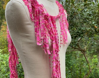 Pink scarf, Gold and pink ribbon scarf, Pink gift for mom, scarf, Sparkly scarf, Fun scarf, Pink accessories, Fringe scarf, Textile necklace