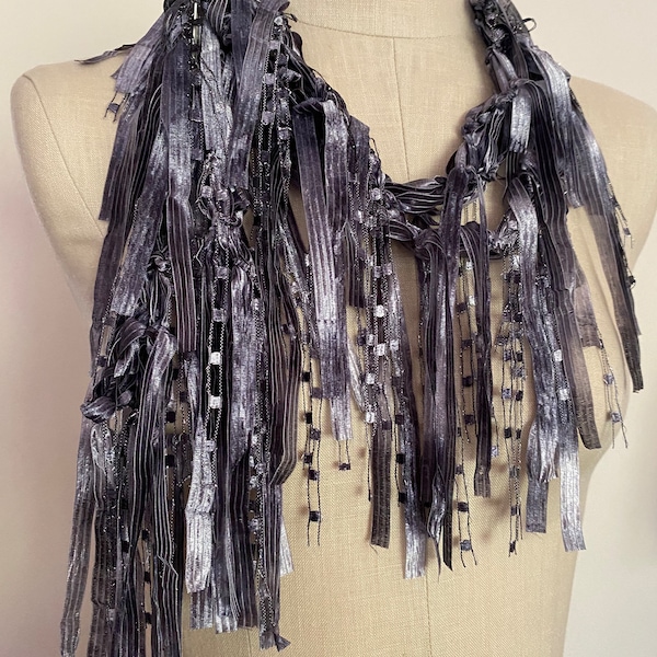 Silver scarf for women, Elegant accessories, Jewelry scarf, Unique gifts for women, Gray scarf, Lightweight scarf, Scarf necklace, Art scarf