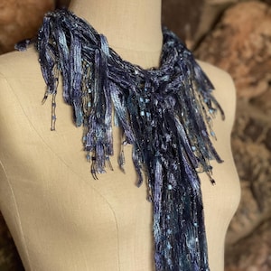 Denim scarf for women, Blue scarf necklace, Wearable art, Gifts under 30 for women, Blue fringe scarf, Denim ribbon scarf, Blue accessories