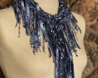 Denim scarf for women, Blue scarf necklace, Wearable art, Gifts under 30 for women, Blue fringe scarf, Denim ribbon scarf, Blue accessories