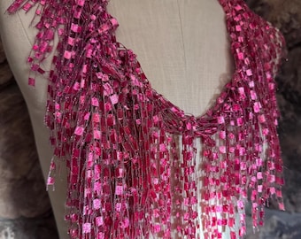 Pink Lightweight Scarf Necklace, Awareness Accessory, Eclectic Fringed Fabric Necklace, Wearable Art