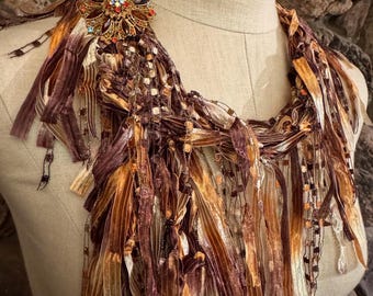 Brown Ribbon Scarf Necklace, Boutique Casual Chic Style Accessory, Festival Gear