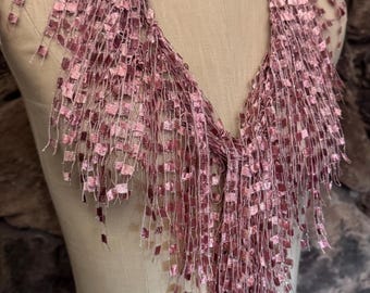 Rose Pink Ladder Yarn Scarf Necklace, Metallic Silver Accents, Boho Fiber Jewelry
