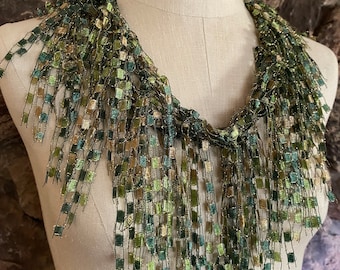 Olive green scarf with sparkle for women, Green accessories, Unique birthday gift for wife, Moss green scarf, Ladder yarn necklace,