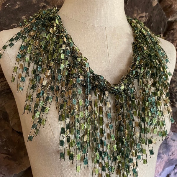 Olive green scarf with sparkle for women, Green accessories, Unique birthday gift for wife, Moss green scarf, Ladder yarn necklace,