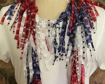 Red white and blue knitted ribbon scarf for women, Accessories for 4th of July and Memorial Day and Veterans Day, Patriotic fabric necklace