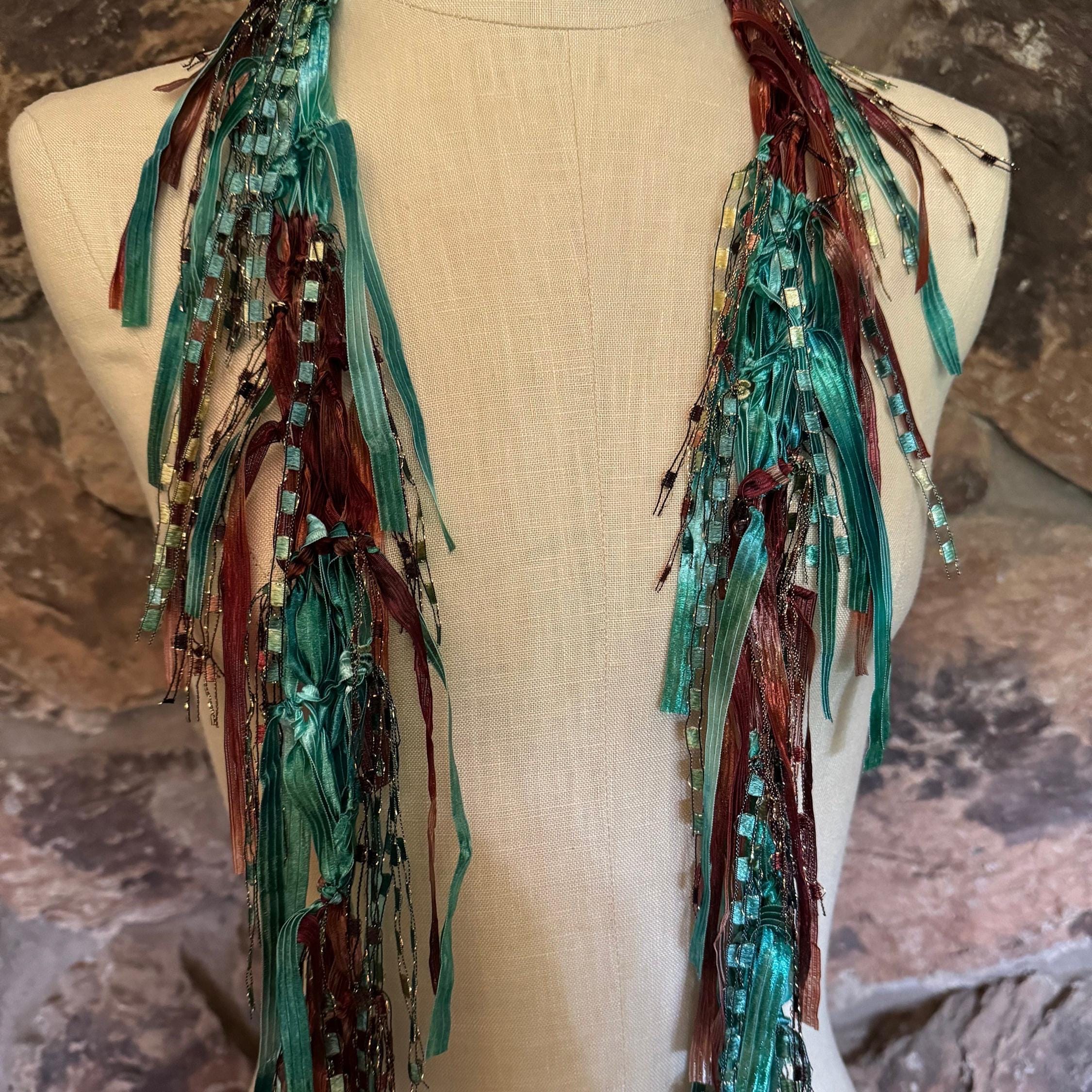 Wearable Ribbon Green and Rusty Brown Ribbon Scarf Necklace for Women, Wearable Art ...