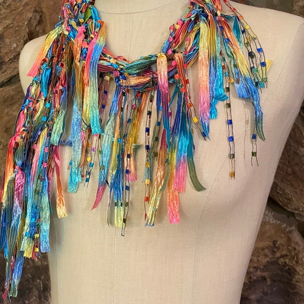 Multicolor scarf for women, Colorful scarf, Birthday gift for sister, Rainbow scarf, Ribbon necklace, Summer scarf, Boho accessories, Fun