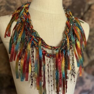 Earth toned scarf necklace, Copper Moss Green and Blue Ribbon Scarf, Art to wear gift image 6