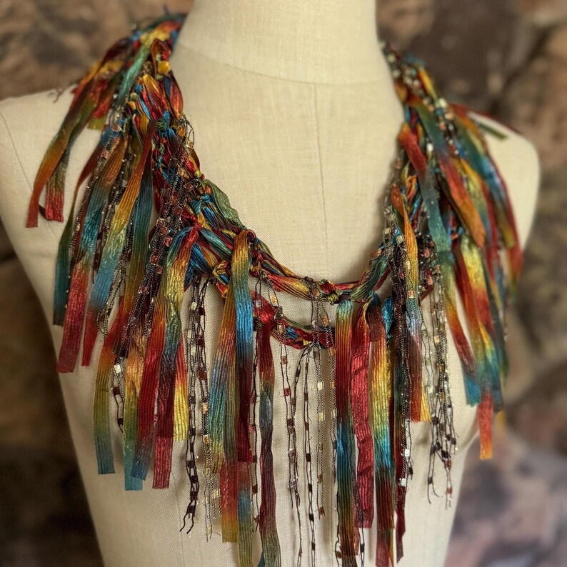 Earth toned scarf necklace, Copper Moss Green and Blue Ribbon Scarf, Art to wear gift image 6