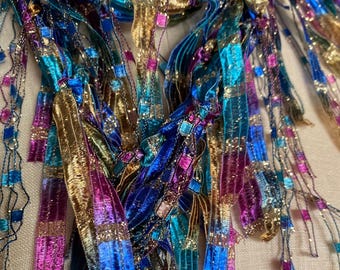 Colorful statement scarf for women, Sparkly fabric necklace, Fringed festival wear, Hippie gift