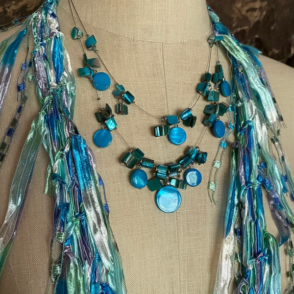 Turquoise scarf for women, Pastel scarf necklace, Mint green scarf, Turquoise accessories, Best gift for mom, Fringe scarf, Ribbon necklace