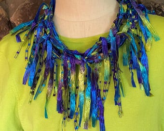 Handmade Ribbon Scarf Necklace, Blue Purple Lime-green, Boho Fashion Accessory