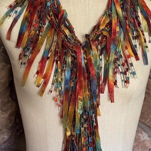 Earth toned scarf necklace, Copper Moss Green and Blue Ribbon Scarf, Art to wear gift image 9