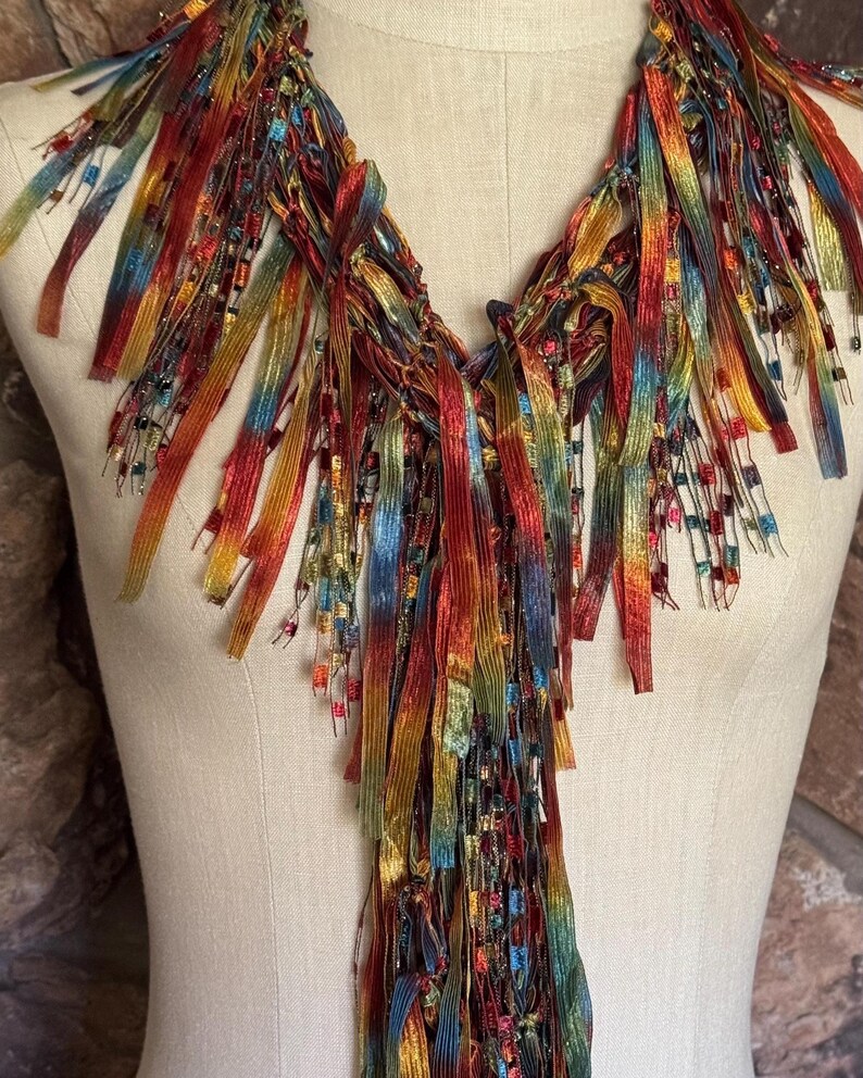Earth toned scarf necklace, Copper Moss Green and Blue Ribbon Scarf, Art to wear gift image 9
