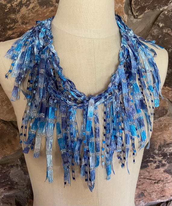 Denim Scarf With Silver Sparkle for Women, Blue Scarf Necklace