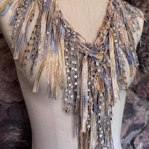 Gold and steel blueish silver ribbon scarf for women, Sparkly fringe scarf necklace, Elegant accessories, Art to wear