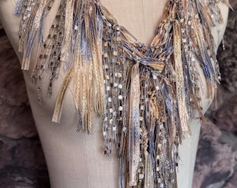 Gold and steel blueish silver ribbon scarf for women, Sparkly fringe scarf necklace, Elegant accessories, Art to wear