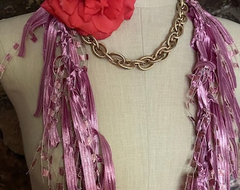 Rose Pink Ribbon Scarf, Lightweight Scarf Necklace, Feminine Pastel Accessories,