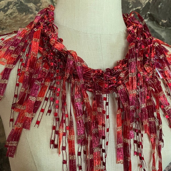 Red and gold scarf, Sparkly scarf, Scarf necklace, Red women’s scarf, Unique gifts for wife, Fringe scarf, Fabric necklace, Elegant scarf