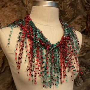 Christmas scarf for women, Red and green 70" long open ended yarn necklace for holiday parties, Unusual gift for her, Art to wear