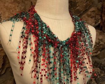 Christmas scarf for women, Red and green 70" long open ended yarn necklace for holiday parties, Unusual gift for her, Art to wear