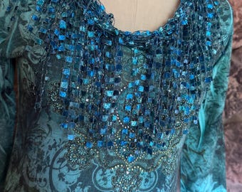 Turquoise Lightweight Sparkly Ribbon Scarf Necklace, Novelty Yarn Scarf, Eclectic Boutique Layering Piece, Romantic Accessories