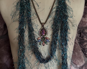 Hand Knitted Teal Sparkly Skinny Scarf, Holiday Accessories, Unique gift for her, Lightweight Boho Scarf