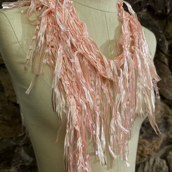 Pale pink scarf for women, Elegant scarf, Mother’s Day gift for grandma, Scarf necklace, Fringe scarf, Pastel scarf, Fabric necklace,