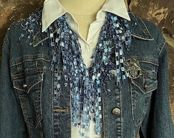 Denim Blue Scarf Necklace, Wearable Fiber Art, Unique Scarf Gift, Pretty Western Accessories,