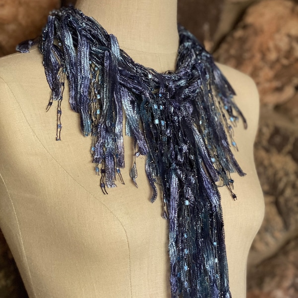 Denim scarf for women, Blue scarf necklace, Scarf jewelry, Gifts under 30 for women, Blue jeans scarf, Denim ribbon scarf, Blue accessories