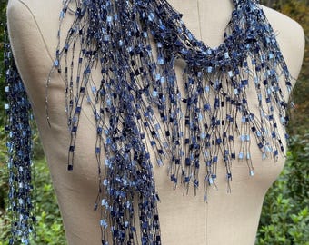 Handmade Denim Scarf Necklace, Jeans Blue Fabric Jewelry, Boho Accessories, Western Gift