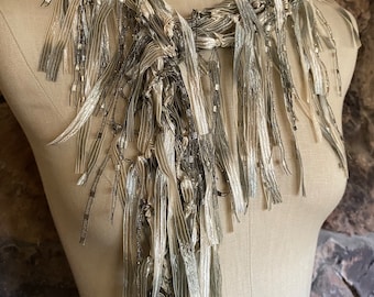 Pearl and platinum scarf for women, Elegant dress scarf, Scarf necklace, Best birthday gift for her, Ribbon art scarf, Lightweight scarf