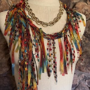 Earth toned scarf necklace, Copper Moss Green and Blue Ribbon Scarf, Art to wear gift image 2