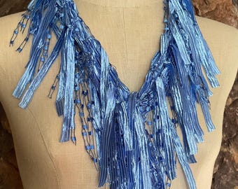 Bright Blue Ribbon Scarf Necklace, Metallic Silver Accents, Boho Fringe Accessory