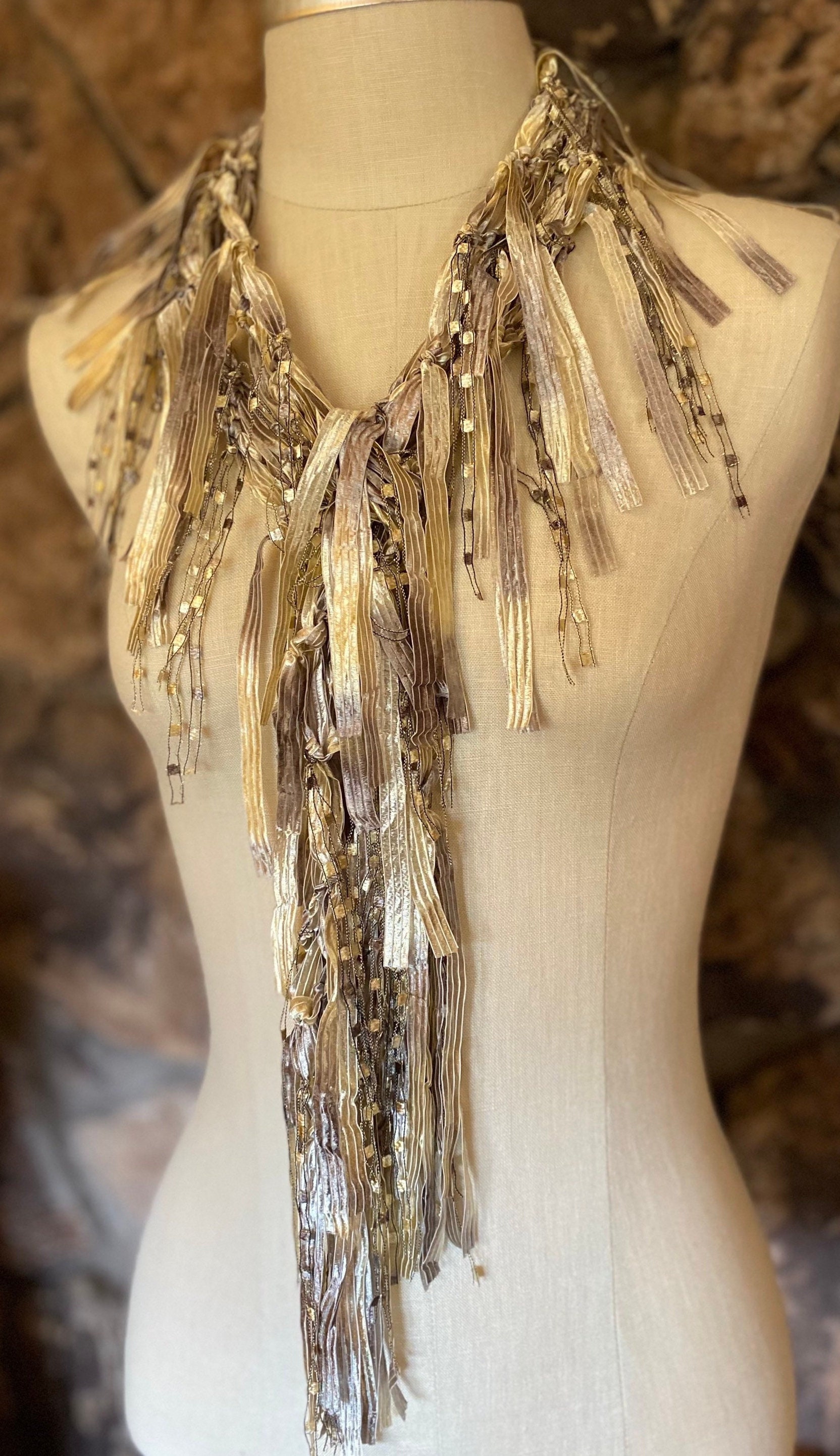 Scarf  With Fringe - Tan And Gold