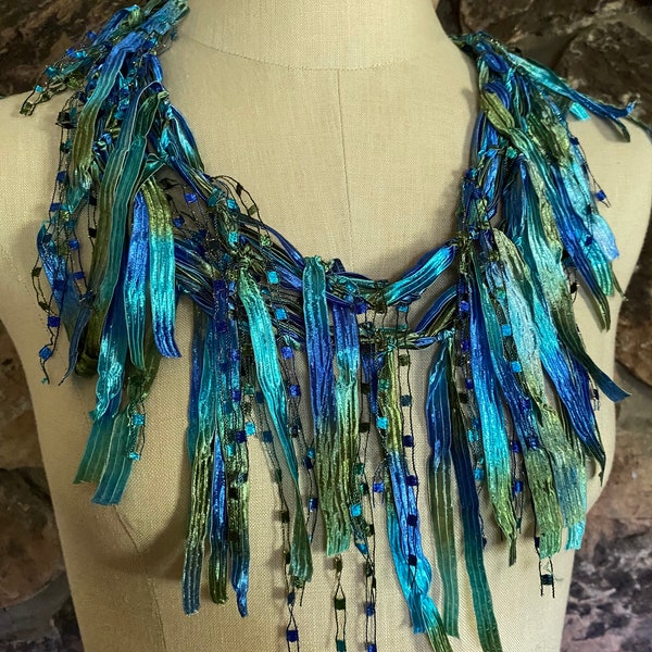 Turquoise scarf for women, Summer scarf, Blue and green scarf, Scarf necklace, Tropical scarf, Bib necklace for women, Boho chick necklace,