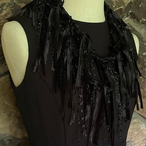 Black scarf with fringes for women, Dress scarf, Boho chic accessories, Ribbon scarf, Elegant gifts for women, Gothic accessory, Lightweight image 2