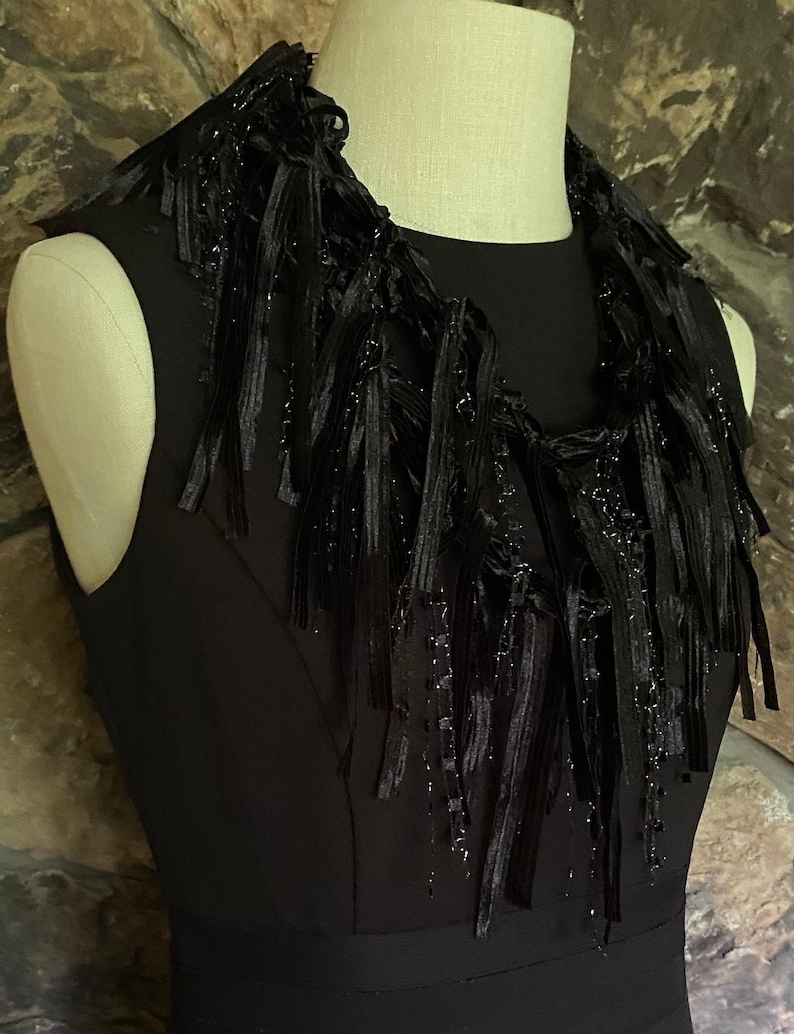 Black scarf with fringes for women, Dress scarf, Boho chic accessories, Ribbon scarf, Elegant gifts for women, Gothic accessory, Lightweight image 2
