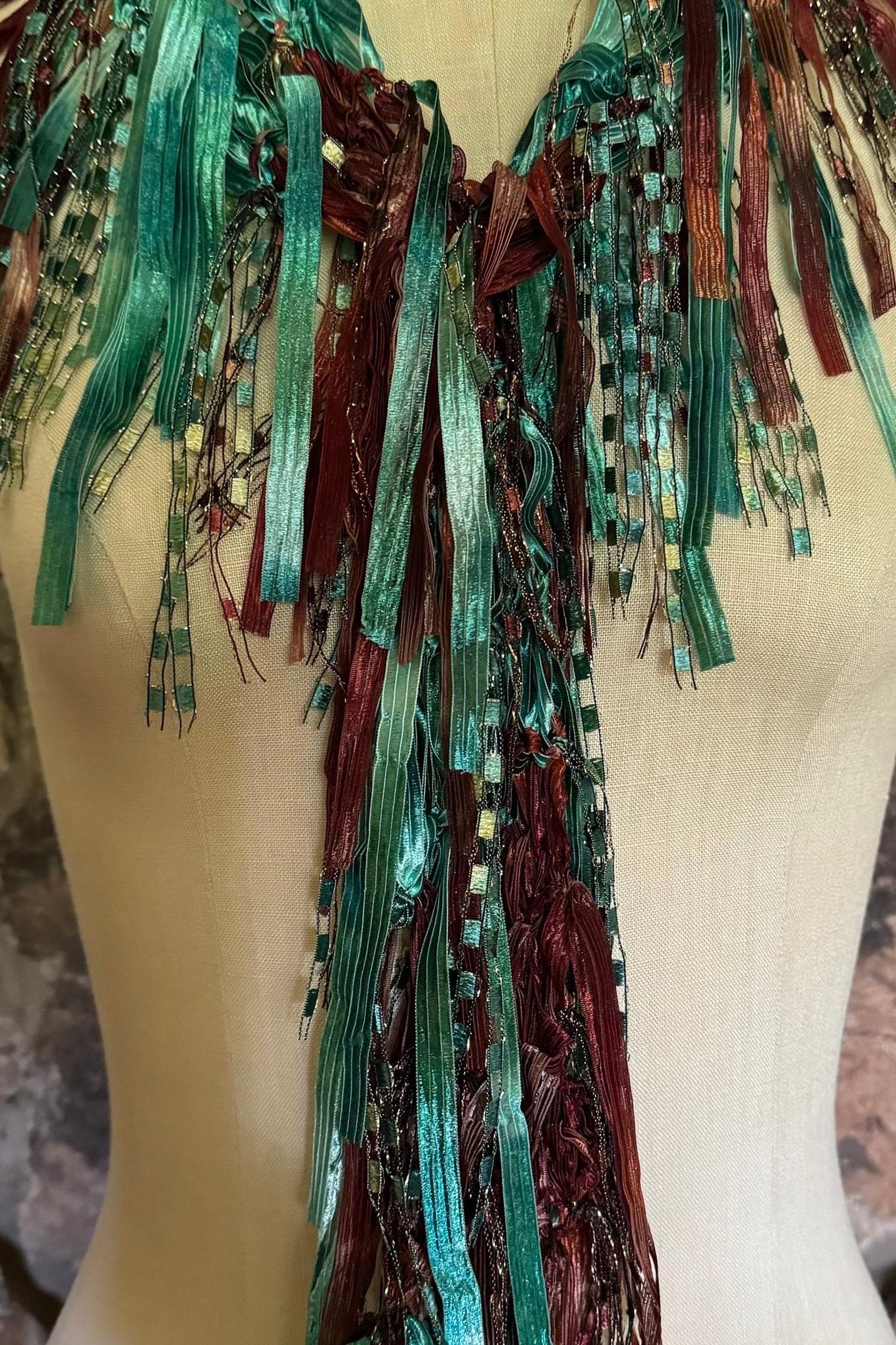 Wearable Ribbon Green and Rusty Brown Ribbon Scarf Necklace for Women, Wearable Art ...