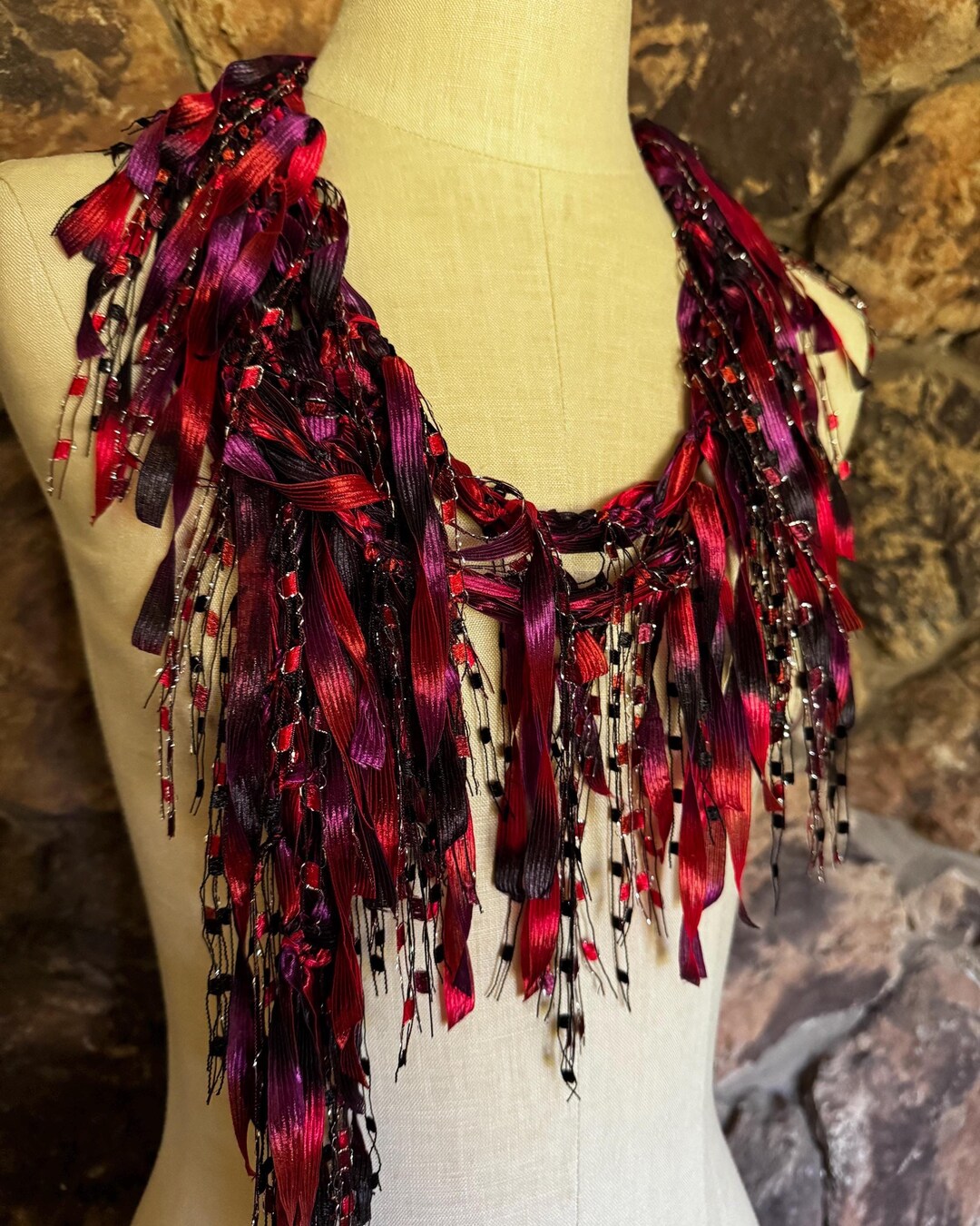 Burgundy Red and Black Ribbon Scarf Necklace, Festival Gear, Unique ...