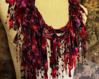 Burgundy Red and Black Ribbon Scarf Necklace, Festival Gear, Unique Accessory, Artsy Scarf