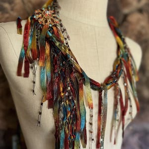 Earth toned scarf necklace, Copper Moss Green and Blue Ribbon Scarf, Art to wear gift image 5