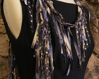 Black and Brassy Gold Lightweight Ribbon Scarf Necklace, Boho Jewelry Gift, Wearable Fiber Art, Fringed Scarf
